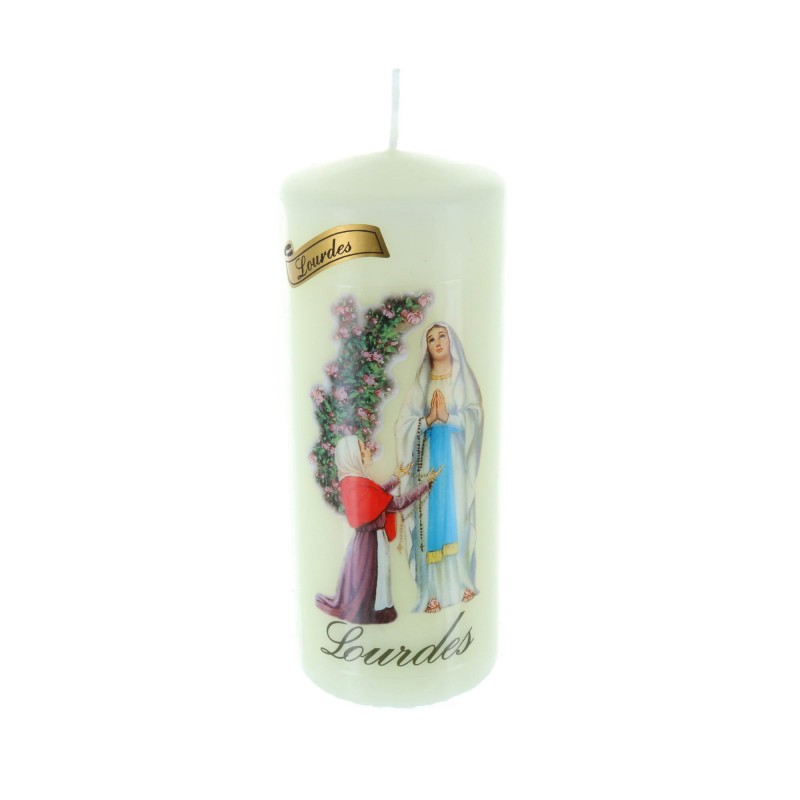 Lourdes Apparition and rose bush round religious candle 15 cm