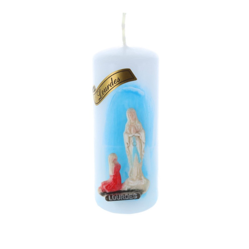 Lourdes round and carved religious candle 10 cm