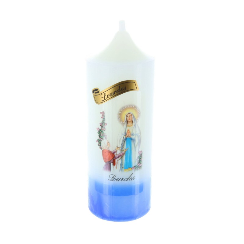 Candela religiosa cilindrica Apparizione di Lourdes base azzurra 14,5 cm