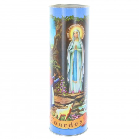 Lourdes blue votive candle and multilingual prayers 21 cm