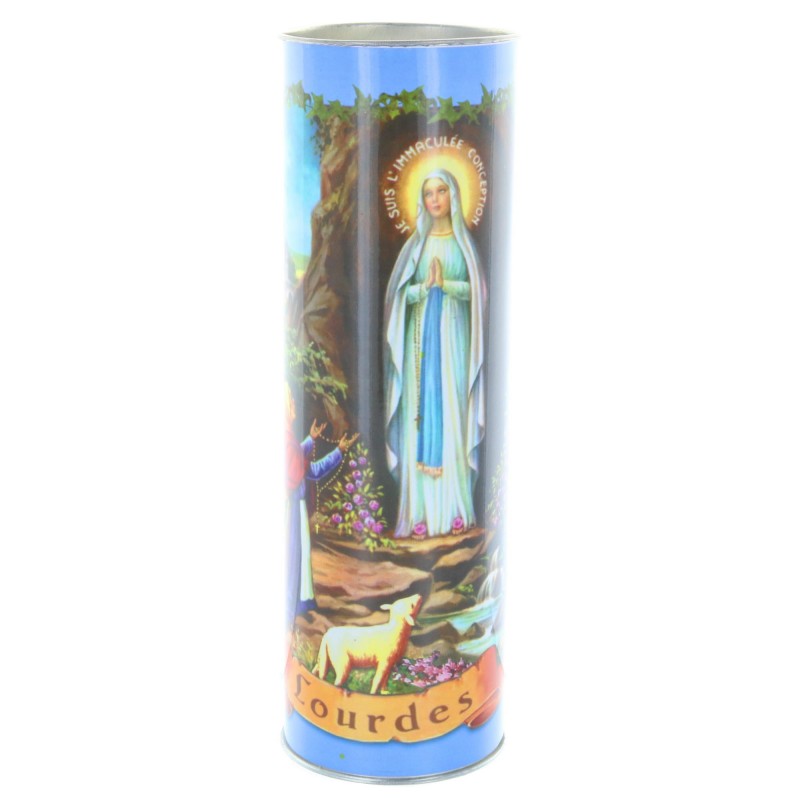 Lumino Votivo Azzurro di Lourdes e preghiere multilingue 21 cm