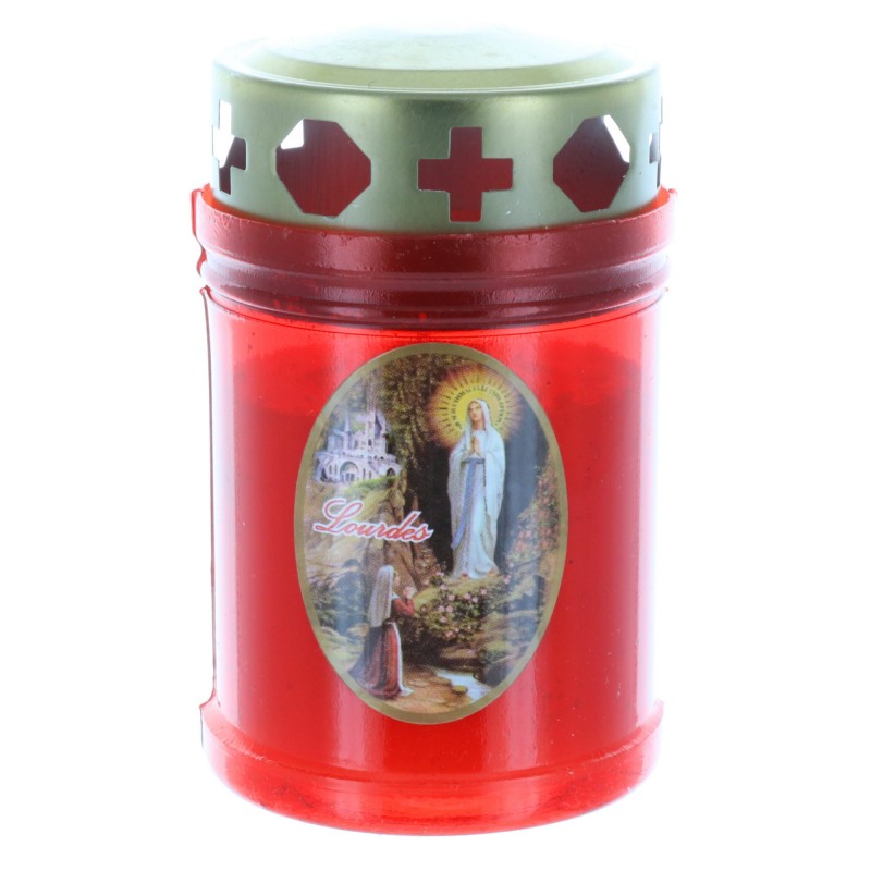 Outdoor red votive candle with a Lourdes Apparition 10 cm