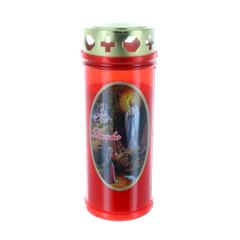 Outdoor red votive candle with a Lourdes Apparition 16.5 cm