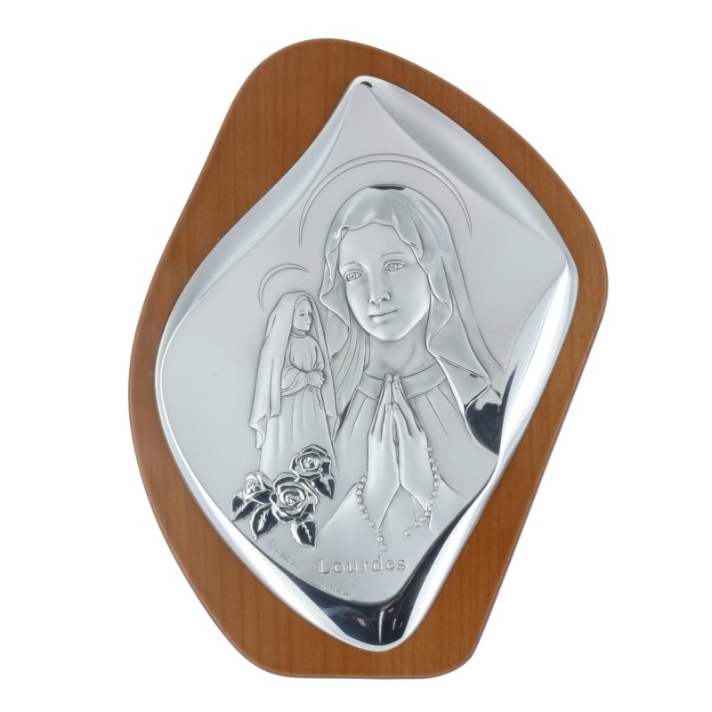 Quadro religioso di legno la Madonna e Santa Bernadette argentate 17,5 x 23,5 cm