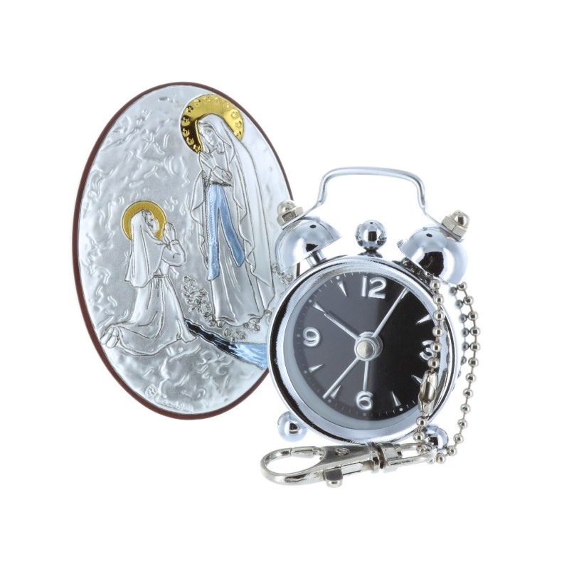 Lourdes Apparition silvery religious picture frame 8 x 15 cm and clock