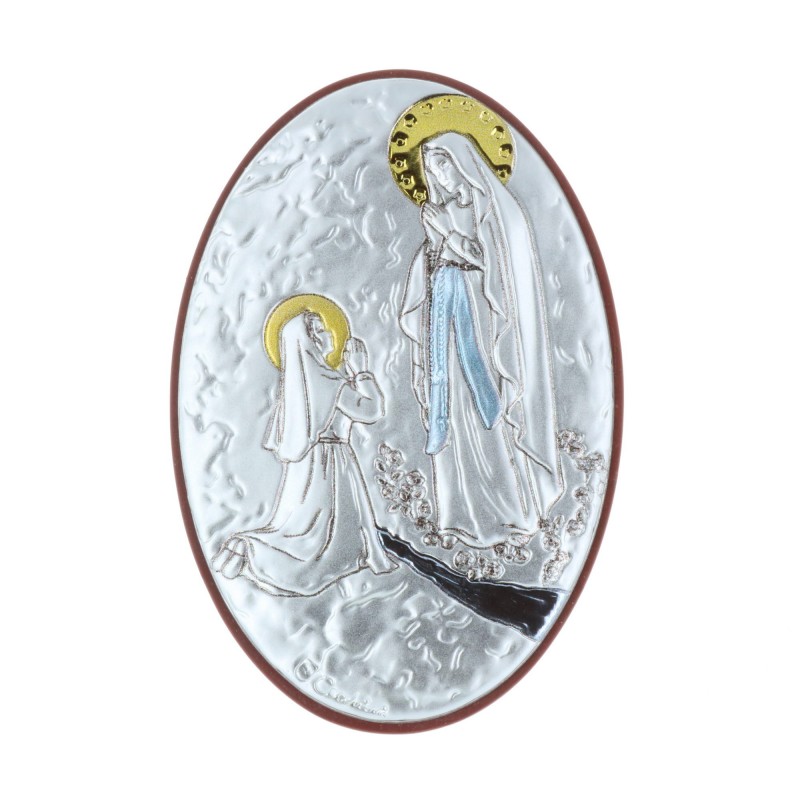 Cadre religieux ovale Apparition de Lourdes argentée 5 x 7 cm