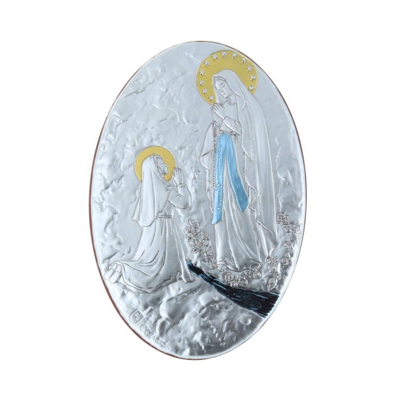 Quadro religioso ovale colorato Apparizione di Lourdes dorata 10 x 15 cm