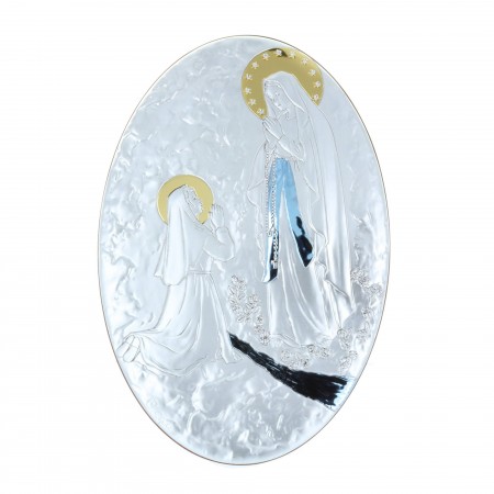 Quadro religioso ovale colorato Apparizione di Lourdes dorata 22 x 33 cm