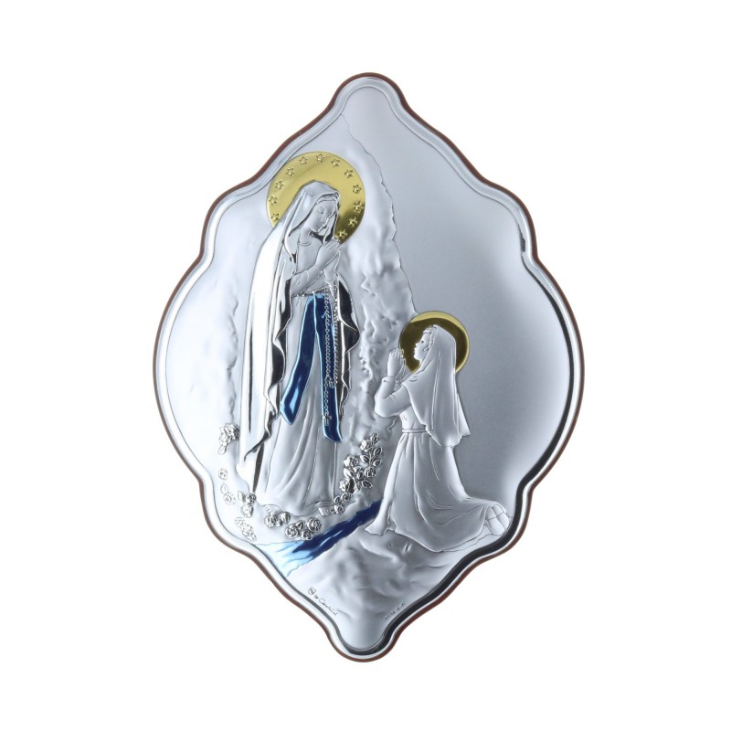 Cadre religieux original Apparition de Lourdes argentée coloré 14 x 21 cm