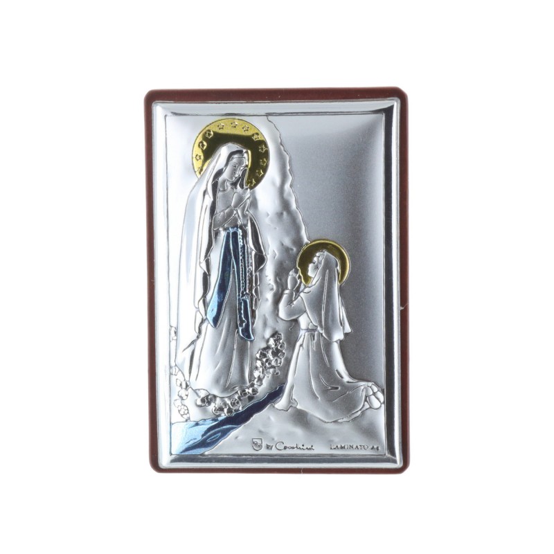 Cadre avec plaque Argent de l' Apparition de Lourdes coloré 4 x 6 cm