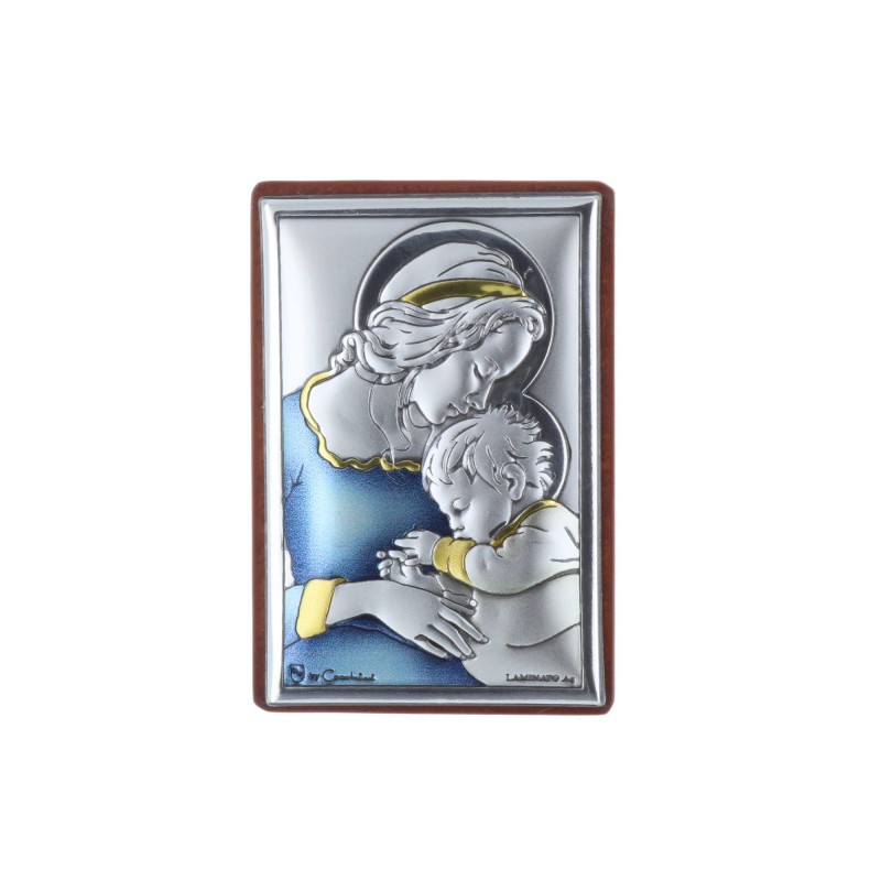 Quadretto religioso Madonna col Bambino Gesù argentato colorato 4 x 6 cm