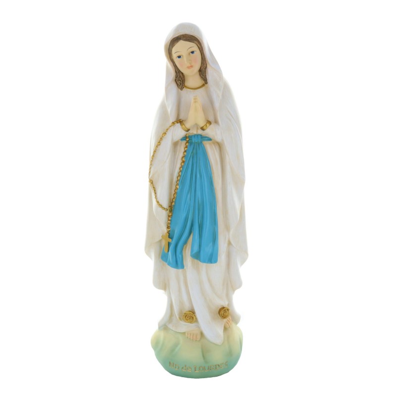 Our Lady of Lourdes colour resin statue on rock 50 cm
