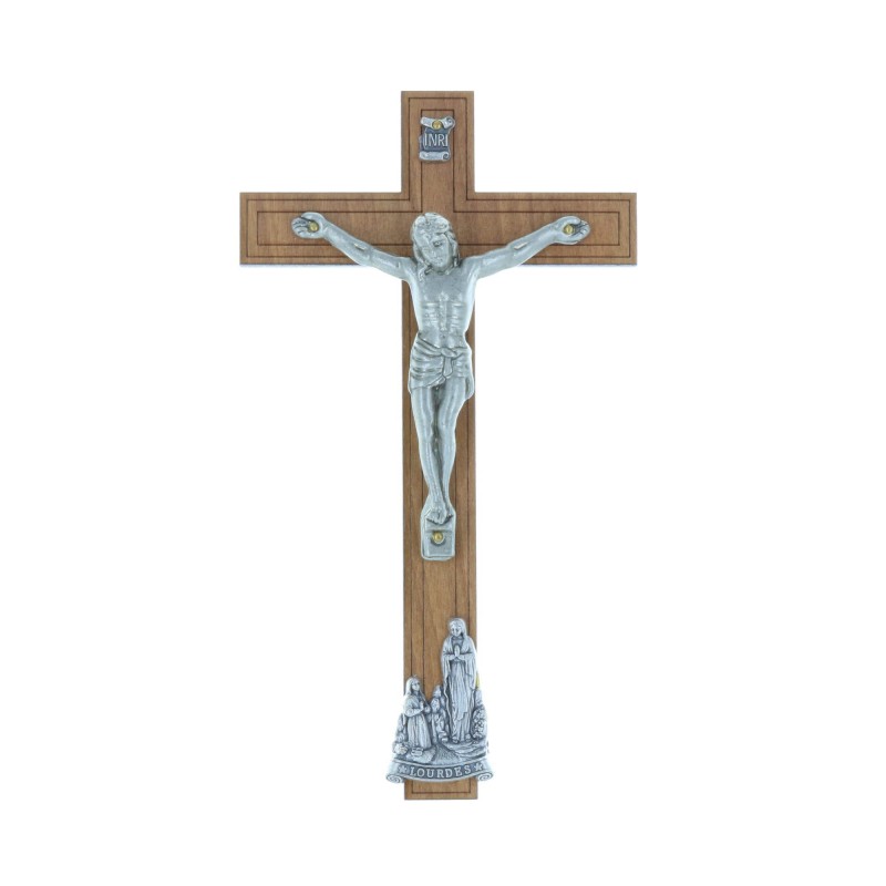 Crucifix bois Christ et Apparition de Lourdes argentés 12 cm