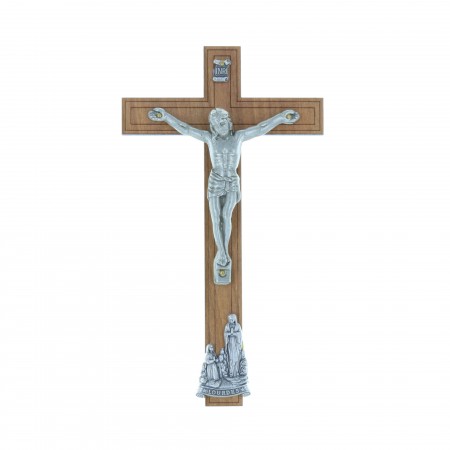 Wooden crucifix silvery Christ and Lourdes Apparition 16.5 cm