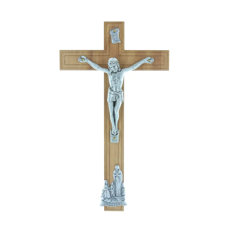 Crocifisso legno Cristo e Apparizione di Lourdes argentati 21 cm