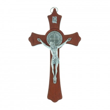 Wooden crucifix Christ and Saint Benoît silvery medallion 15 cm