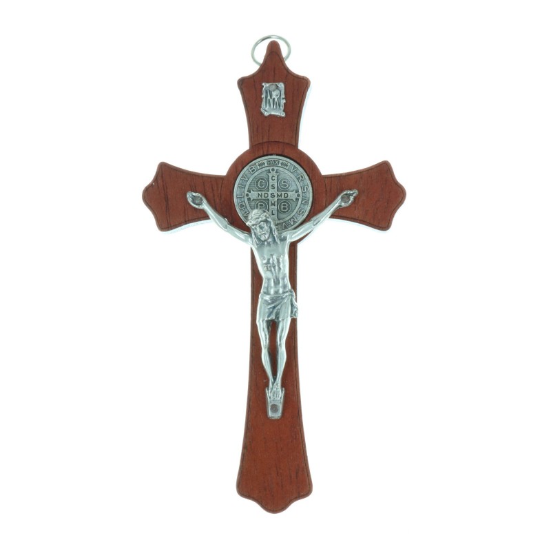 Crocifisso legno Cristo e medaglia San Benedetto argentata 15 cm