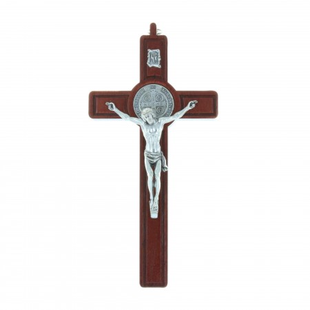 Crucifix Saint Benoît en bois d'olivier Christ et médaille argentée 20 cm