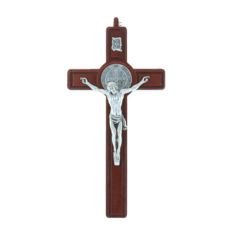 Olive wooden crucifix Christ and silvery Saint Benedict medallion 20 cm