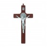 Crucifix Saint Benoît en bois d'olivier Christ et médaille argentée 20 cm