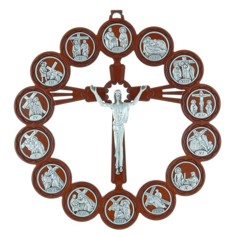 Crucifix bois Christ et chemin de croix argenté 21,5 cm