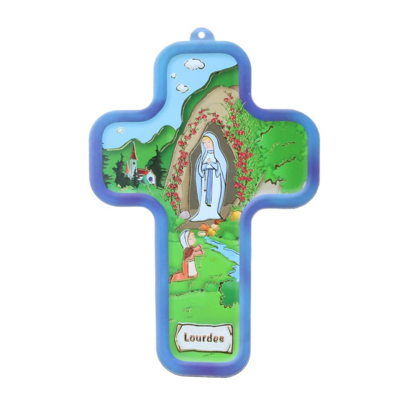 Croix religieuse colorée de l'Apparition de Lourdes 13,5 cm