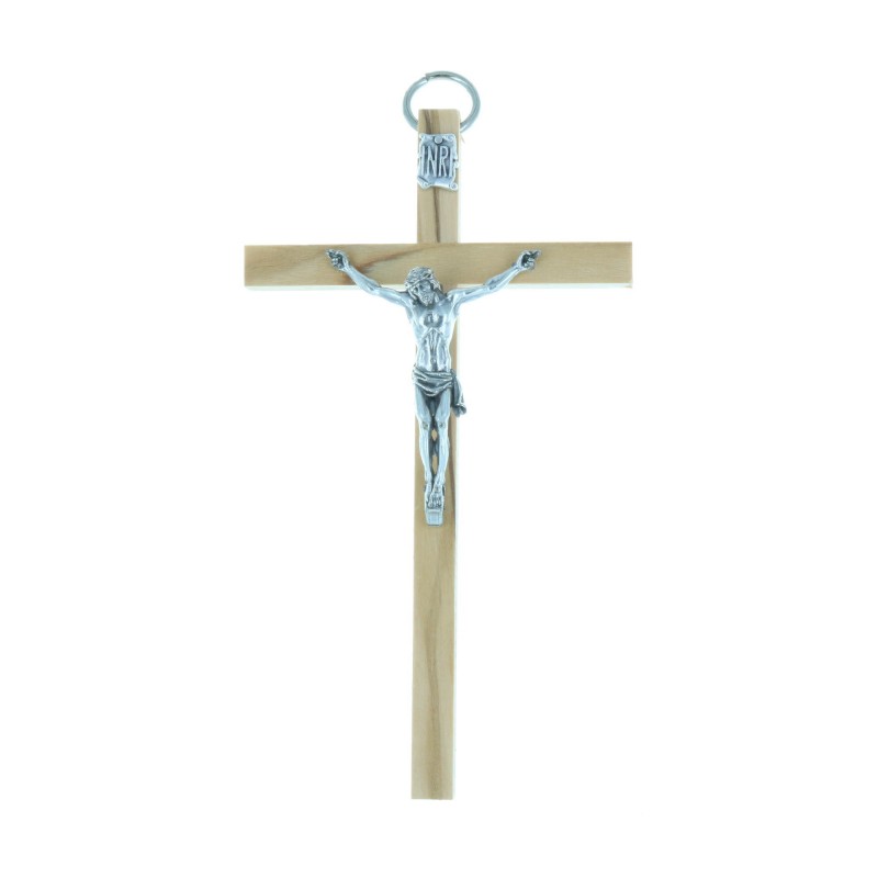Crucifix bois d'olivier et Christ argenté 10,5 cm