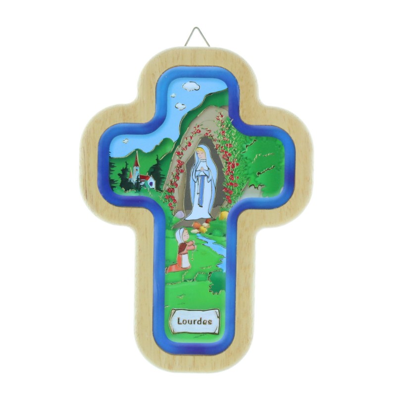 Croix religieuse colorée en bois de l'Apparition de Lourdes 14,5 cm