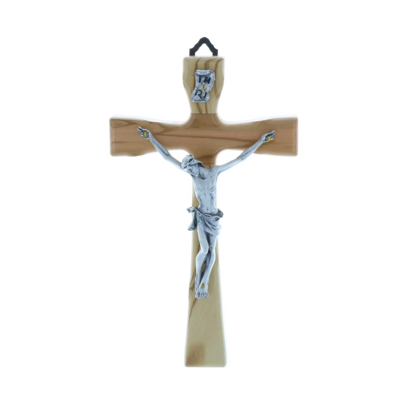 Wooden crucifix and silvery Christ 17 cm