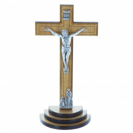 Dark wood crucifix on a wood base and silvery Christ 13.5 cm