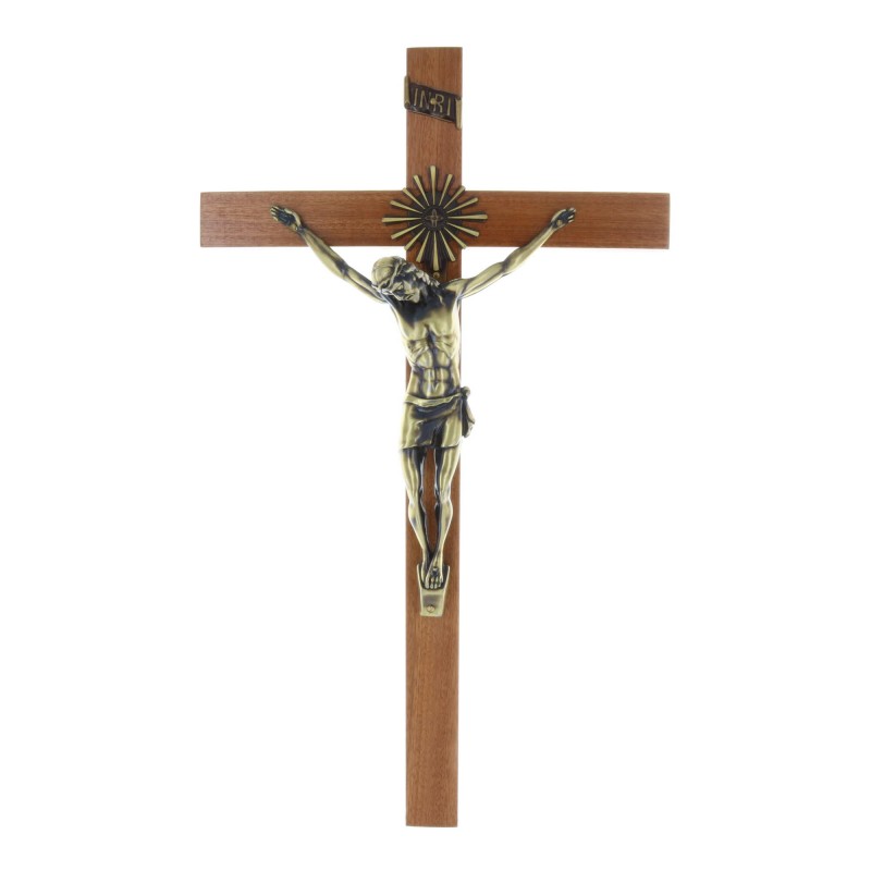 Crucifix bois Christ couleur bronze avec auréole 43 cm