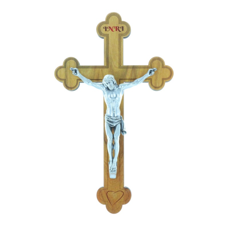 Crucifix bois trilobé et Christ argenté 16 cm