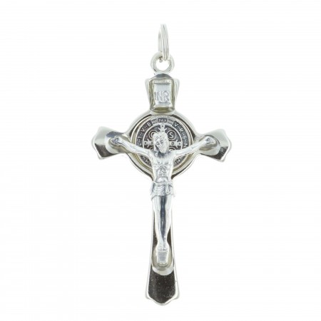 Crucifix métal Saint Benoît argenté 8 cm avec livret