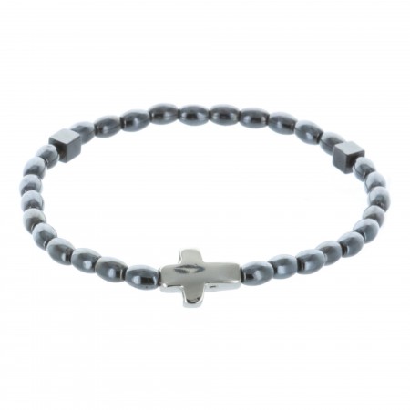 Elastic rosary bracelet hematite beads and silvery cross