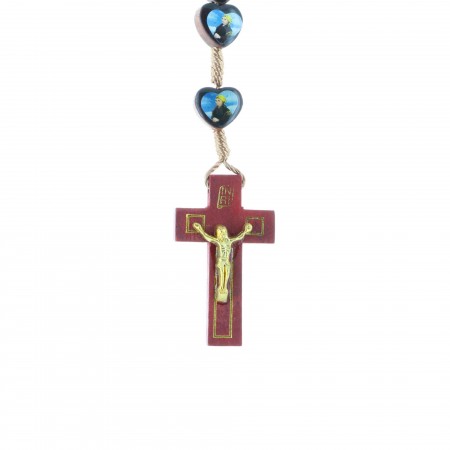 Rosario corda perline legno a forma di cuore e immagine dell'Apparizione di Lourdes e Santa Bernadette