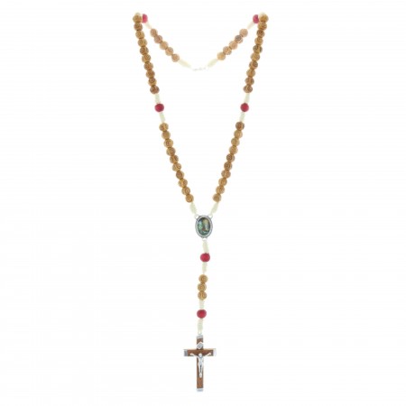 Rosario corda perline legno incise e crociera Apparizione di Lourdes