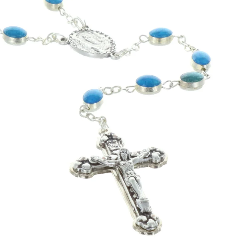 Chapelet de Lourdes en métal argenté grains émaillés bleus