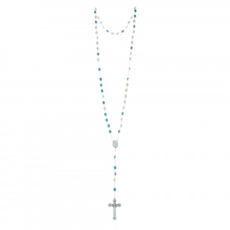 Rosario metallo argentato perline smaltate azzurre Apparizione Lourdes