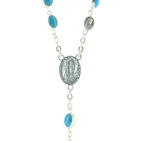 Chapelet de Lourdes en métal argenté grains émaillés bleus