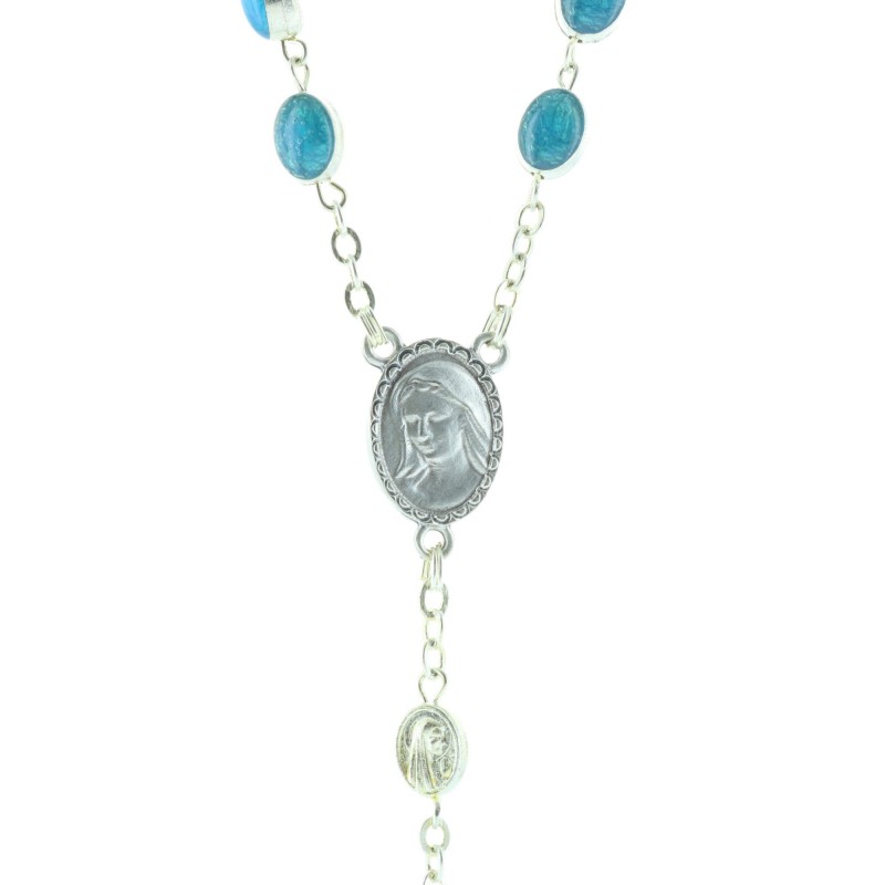 Silver metal rosary blue enamelled Lourdes Apparition beads