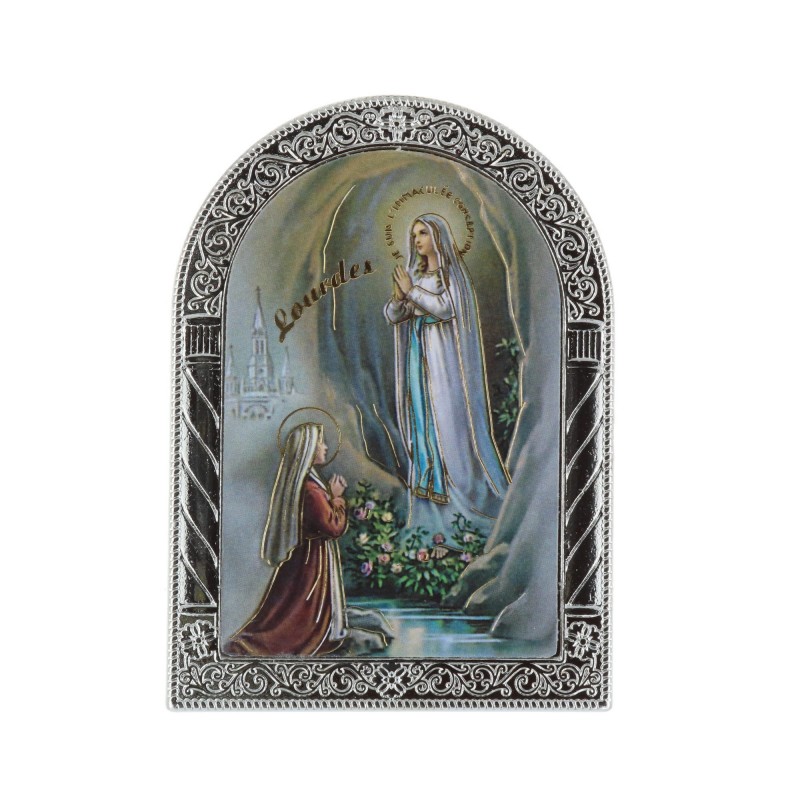 Quadro religioso Apparizione di Lourdes argentata colorata 6,5 x 9 cm