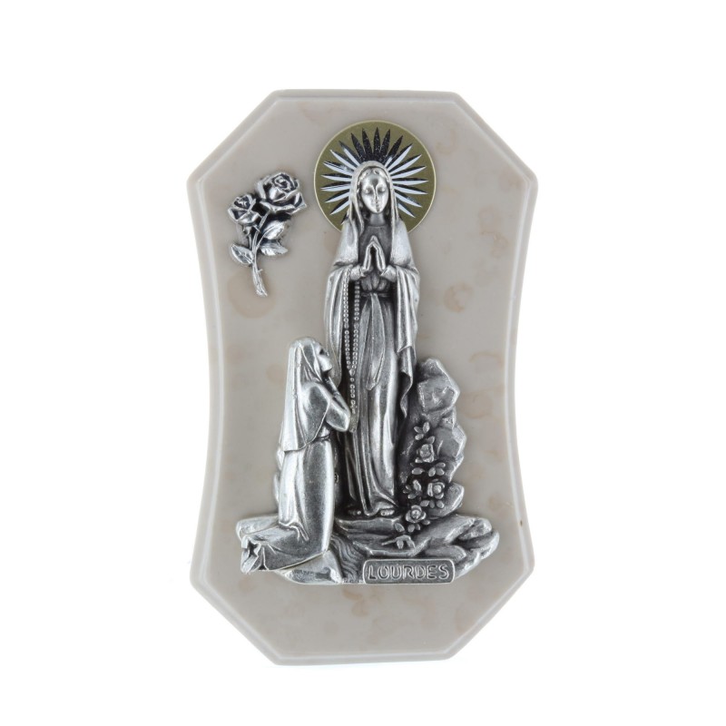 Quadretto religioso in resina Apparizione di Lourdes argentata 7,5 x 12 cm