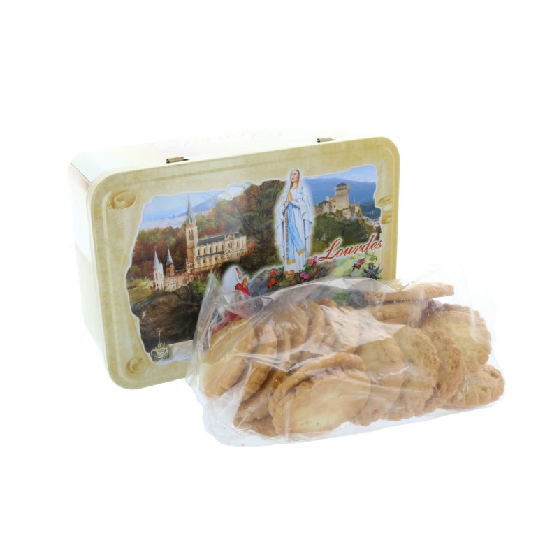 Confezione di prelibatezze, Apparizione di Lourdes e biscotti 250 g in scatola di metallo