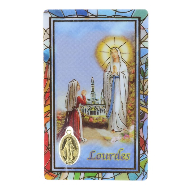Image religieuse Apparition de Lourdes et médaille dorée Vierge Miraculeuse plastifiée.