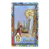 Lourdes Apparition prayer card in Thick plastic with a Miraculous golden medal