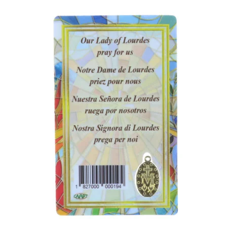 Immaginetta religiosa plastificata, Apparizione di Lourdes e medaglia dorata Madonna Miracolosa