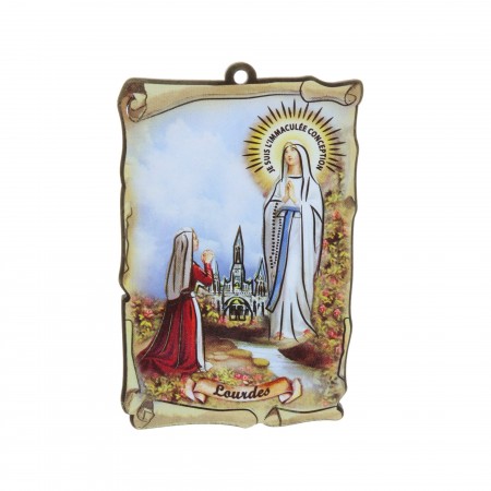 Quadro religioso di legno Apparizione di Lourdes 5 x 7,5 cm e Rosario decina profumato di rosa