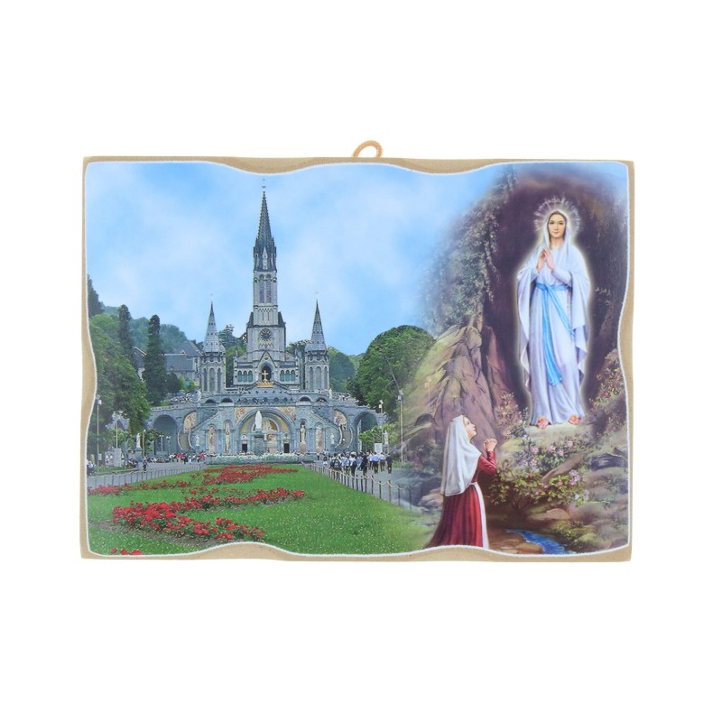 Cadre religieux en bois Basilique et Apparition de Lourdes 18 x 13,5 cm