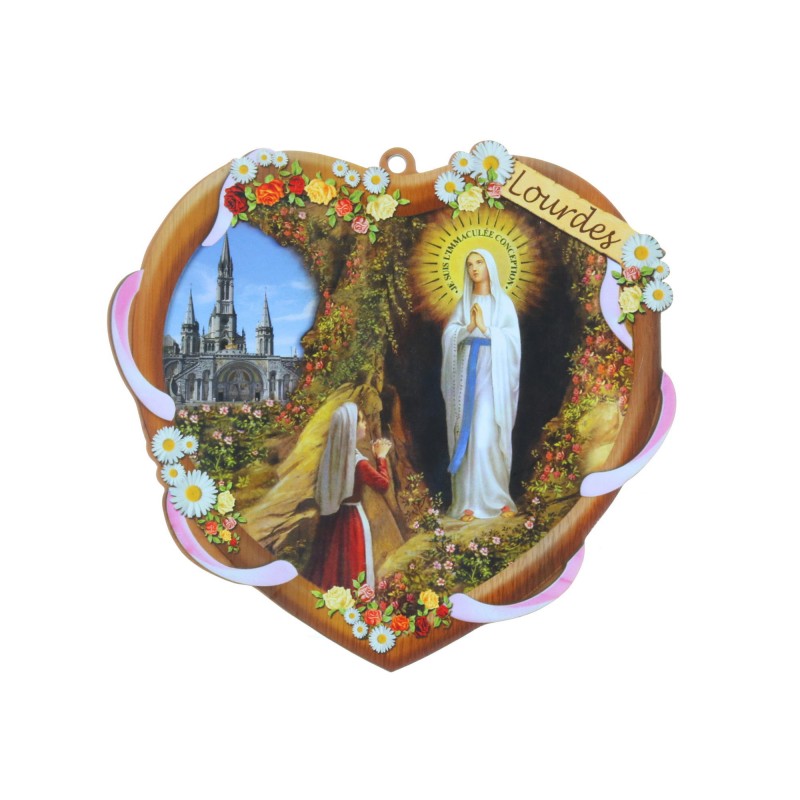 Cadre religieux en bois forme de coeur Apparition de Lourdes 14,5 x 13,5 cm