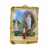 Cadre religieux en bois forme parchemin Apparition de Lourdes dorée 17,5 x 25 cm
